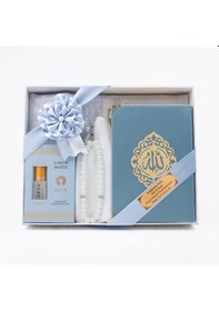 Resim Takke + Esans + Tesbih + Seccade + Kadife Kuran Hediye Seti Çanta Boy, Mavi 