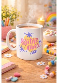 Resim Positive Vibes Porselen Kupa Model 138 Renkli Tasarım Motivasyon Kupası Pozitif Enerji Veren Kahve &amp Çay Kupası Renkli 