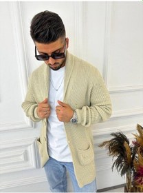 Resim Elku Moda Hırka Örgülü Şal Yaka Cepli Lazer Kesim Yırtık Detaylı Tüylenmez Örgü Triko Hırka Krem 