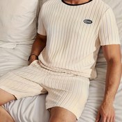 Resim Erkekler için düz renkli yanal kollu rahat şort takımı pijama seti, yuvarlak yaka, orta esneklik, düzenli fit, tüm mevsimler için rahat giyim, rahat ev giyimi | Rahat fit pijama seti | Orta elastikiyetli kumaş babalar günü hediyeleri 