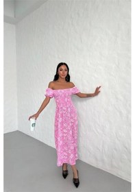 Resim Dipmoda Kadın Yazlık Madonna Yaka Desenli Viskon Elbise Dpg022 Pembe 