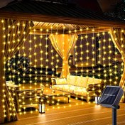 Resim 1 adet güneş enerjili LED perde lambası açık hava dekorasyonu bahçe lambaları ile 8 flaş modu. Şelale perdesi peri ışıkları Noel, avlu partileri, düğün dekorasyonları için uygun 