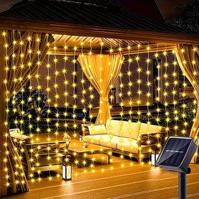 Resim 1 adet güneş enerjili LED perde lambası açık hava dekorasyonu bahçe lambaları ile 8 flaş modu. Şelale perdesi peri ışıkları Noel, avlu partileri, düğün dekorasyonları için uygun 