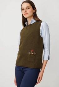 Resim Sıfır Yaka Cep Üstü Çiçek Nakışlı Süveter - Taba / XL 