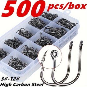 Resim 500 Adet Premium Karbon Çelik Balıkçılık Kancaları Seti, No. 3-12 Boyutlar - Keskin, Dikenli Tek Kancalar Tatlısu & Tuzlu Su Balıkçılığı İçin, Aksesuarlar 