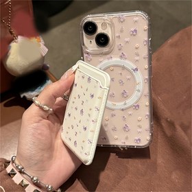 Resim Kart Yuvasıyla Çiçek Desenli Manyetik Telefon Kılıfı, TPU Malzeme - Mor Çiçek Desenli Şeffaf Koruyucu Kılıf 