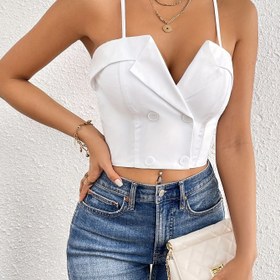 Resim Kadınların moda kemerli beyaz crop topu düğme detaylarıyla - Seksi spagetti askılı tasarım, tüm mevsimler için düz renk, rahat veya resmi kıyafetler için mükemmel, rahat kıyafetler topu|Zarif tarz|Sıradan fit top 