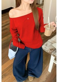Resim Siyah Kırmızı 2 Li Paket Kadın Düşük Omuz Kayık Yaka Oversize Uzun Kollu T-shirt Kırmızı 