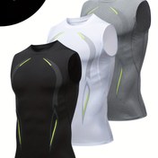 Resim 3 Adet Erkek Spor Korse Teknoloji Baskılı Süt Hızlı Kuruma Esnek Şekillendirici İç Yelek, Outdoor Antrenman Taban Katmanı Yeleği, Basketbol Futbol Ragbi Moda Desenli Spor Eğitim Yeleği, İlkbahar ve Yaz Hediyeleri 