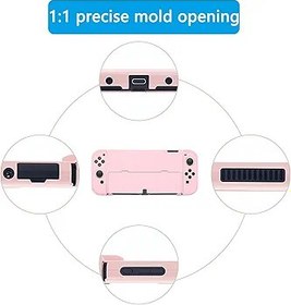 Resim OLDZHU Nintendo Switch OLED ile uyumlu kılıf, Nintendo Switch OLED için pembe koruyucu kılıf, koruyucu folyo ve 4 başparmak kapaklı sap, Nintendo Switch OLED için anahtar takılabilir kılıf 