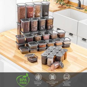 Resim Meleni Home 52 Parça Multi Çeyiz Seti Etiketli Kare Kapaklı Erzak ve Bakliyat Saklama Kabı Baharatlık Antrasit 