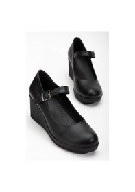 Resim Baretli Suni Deri Siyah Siyah Kadın Dolgu Taban Ayakkabı-4356 Siyah - Siyah 