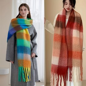 Resim 1/2 Adet Plus Beden Kadın Kışlık Ekose Atkı/Şal - Büyük Boy Yumuşak & Sıcak Çok Renkli Gradyan Örtü (Turkuaz/Bej/Hardal/Kırmızı/Kahverengi) - Bohem Püsküllü Rüzgarlık Atkı, Günlük Kullanım & Katmanlama İçin - Esnemez Büyük Boy 