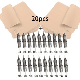 Resim 40 adet Dövme Cilt Uygulama Seti 20 adet ve Karışık Profesyonel Dövme İğneleri 1RL/3RL/5RL/7RL Her 5 adet Film Seti ile 20 Set Sahte Cilt ve 20 Dövme İğnesi Dövme Sanatçıları ve Amatör Uygulama Malzemeleri için Uygun 