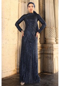 Resim Raika Moda Gala Parıltılı Şık Tesettür Abiye Lacivert 