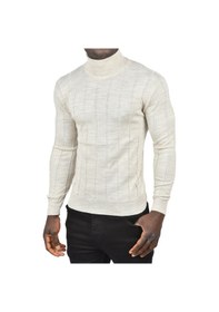 Resim Deepsea Erkek Bej Slim Fit Likralı Tam Balıkçı Yaka Çizgili Boğazlı Kazak 2505504 Bej 