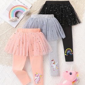 Resim Şık 3 Parça Çok Renkli Esnek File Etek Pantolon, Kız Çocukları İçin İlkbahar/Sonbahar Uzun Pantolon Karakter Desenli, Dış Mekan için Mükemmel 