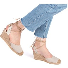 Resim Gerçek Elişi Bilekten Bağcıklı Topuğu Açık Dolgu Topuk Keten Hasır Kadın Espadril Handmade Bej 