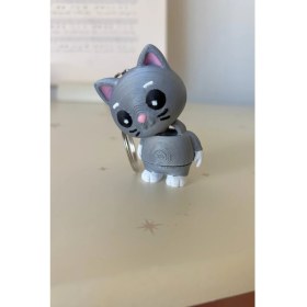 Resim Gri Kedi Sevimli Hareketli Çanta Süsü / Anahtarlık 