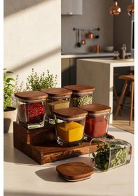 Resim Snippy Prime - 7 Parça Standlı Ahşap Vakumlu Kapaklı Baharatlık Seti Standlı Saklama Kabı 300 Ml Şeffaf 