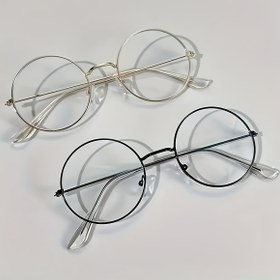 Resim Şık, reçetesiz yuvarlak gözlükler - tam çerçeve bakır alaşım saplı ve şeffaf PC lensli, unisex günlük iş gözlüğü; erkek ve kadınlar için uygun. Fotoğraf çekimi aksesuarı olarak ideal 