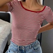 Resim Bayanlar için Şeritli Sırt Dekolteli Tişört, Polyester Örgü Kumaş 210g/m² 
