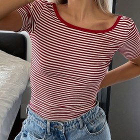 Resim Bayanlar için Şeritli Sırt Dekolteli Tişört, Polyester Örgü Kumaş 210g/m² 