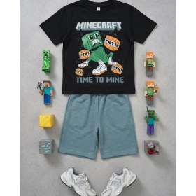 Resim Cg Kids Minecraft Erkek Çocuk Tshirt & Şort Alt Üst Takım Süper Kalite Sırt Baskı Detay 