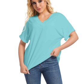Resim Büyük Beden Rahat V Yaka T-Shirt, Düz Renk Kısa Kollu Üst, Ruffle Detaylı, Polyester Örgü Kumaş, Hafif Esneklik, Tüm Mevsimler İçin Giyim 