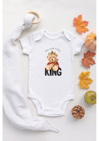 Resim Organik %100 Pamuk Uzun Kollu Beyaz King Bear Kral Ayıcık Bebek Body Bebek Badi Çıtçıtlı Zıbın Beyaz 