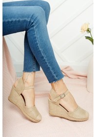 Resim Bayan Keten Hasır Espadril Burnu Hasırlı Arkası Açık Dolgu Topuk Hasır 