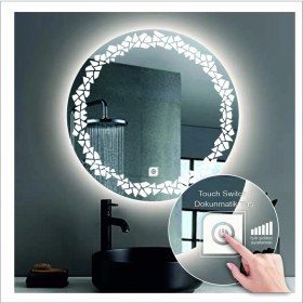 Resim Dnr-Mirror50 Cm Beyaz Ledli Tasarım Kumlamalı Dokunmatik Tuşlu Banyo Aynası Makyaj Aynası Işıklı Ayna 