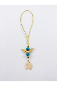 Resim biuti Melek Kanadı Turkuaz Doğaltaş Boncuklu Gold Renkli Metal Ayetel Kürsi Araba Dikiz Ayna Süsü 