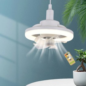 Resim 360 ° Dönen Tavan Vantilatörü Işık E27 Akıllı Fan Uzaktan Kumandalı LED Fan Işık Oturma Odası Yatak Odası Üst 3W 