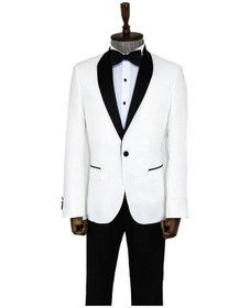 Resim Wessi Beşgen Desenli Şal Yaka Beyaz Erkek Smokin Ceket Beyaz 