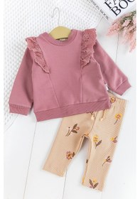 Resim Fırfırlı Çiçek Desenli 2'li Kız Bebek Takım Alt Üst Bebek Takım Gülkurusu 