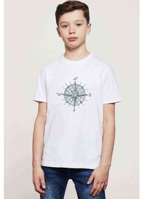 Resim Watercolor Compass Pusula Baskılı Unisex Çocuk Beyaz T-Shirt 