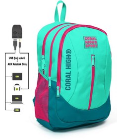 Resim Coral High Sport Yeşil-pembe Okul ve Günlük Sırt Çantası USB ve AUX Çıkışlı 23229 