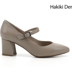 Resim Kadın Bej Sivri Burun Topuklu Mary Jane Hakiki Deri Ayakkabı 