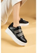 Resim Shoetek Leni Kadın Sneakers Taşlı Spor Ayakkabı Siyah Deri Siyah 