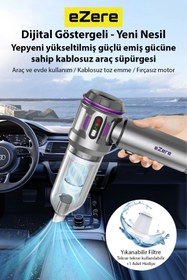 Resim EZERE TurboVac 18000pa Güçlü Dijital Göstergeli Vakumlu Kablosuz Üflemeli Mini Araç Süpürgesi 