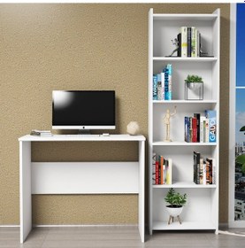 Resim Ferniso Mobilya Çalışma Masası + 5 Bölmeli Kitaplık Beyaz 