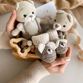 Resim Amigurumi Tulumlu Ayıcık Oyuncağım Bej - 4 Parça Bebek Seti 