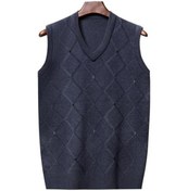 Resim Gri Erkekler Örme Yelek Sonbahar Kış V Boyun Geometrik Eşkenar Dörtgen Düz Renk Sıcak Rüzgar Geçirmez Yumuşak Rahat Erkek Yelek Kolsuz Üst 