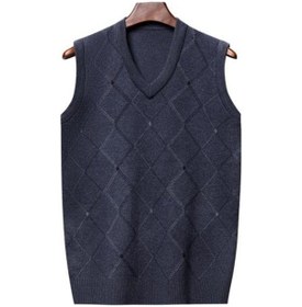 Resim Gri Erkekler Örme Yelek Sonbahar Kış V Boyun Geometrik Eşkenar Dörtgen Düz Renk Sıcak Rüzgar Geçirmez Yumuşak Rahat Erkek Yelek Kolsuz Üst 