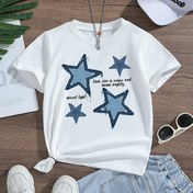 Resim SCKMEU Kızlar için Yumuşak Pamuk Karışımı Tişört - Günlük Yuvarlak Yaka, Kısa Kollu Sevimli Yıldız Deseni & İlham Verici Alıntı, Yaz için Mükemmel, Kızlar için Tişörtler 