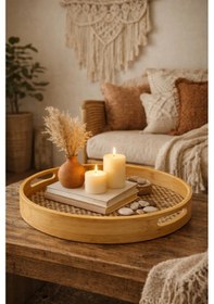 Resim 1 Adet Orta Boy Bambu Yuvarlak Tepsi Sunum Servis Tepsisi 30cm Sarı 