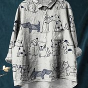 Resim Kadınların Rahat Köpek Baskılı Bluzu - Dönebilen Yaka ile - Hafif Polyester, Tüm Mevsimler için Şık Gömlek, Rahat Kesim ile Eğlenceli Hayvan Deseni, Günlük Giyim | Rahat Tarz | Polyester Kumaş 