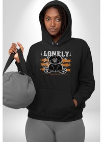 Resim Yalnız Kadın Erkek Siyah Kapüşonlu Sweatshirt Hoodie Siyah 