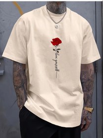 Resim Guılan Erkek Yazlık %100 Pamuk Spor Tişört - Kırmızı Gül Desenli, Rahat Ve Gevşek Fitbej Bej 